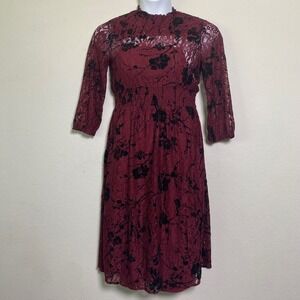 ModCloth Dress Burgundy Black Floral Lace Midi Mock Neck Lined Med Dark Academia